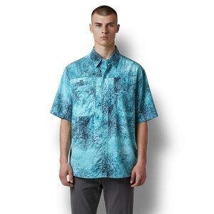 Reel Legends Mens Saltwater II Performance Fishing Shirt Blue Abstract Print L